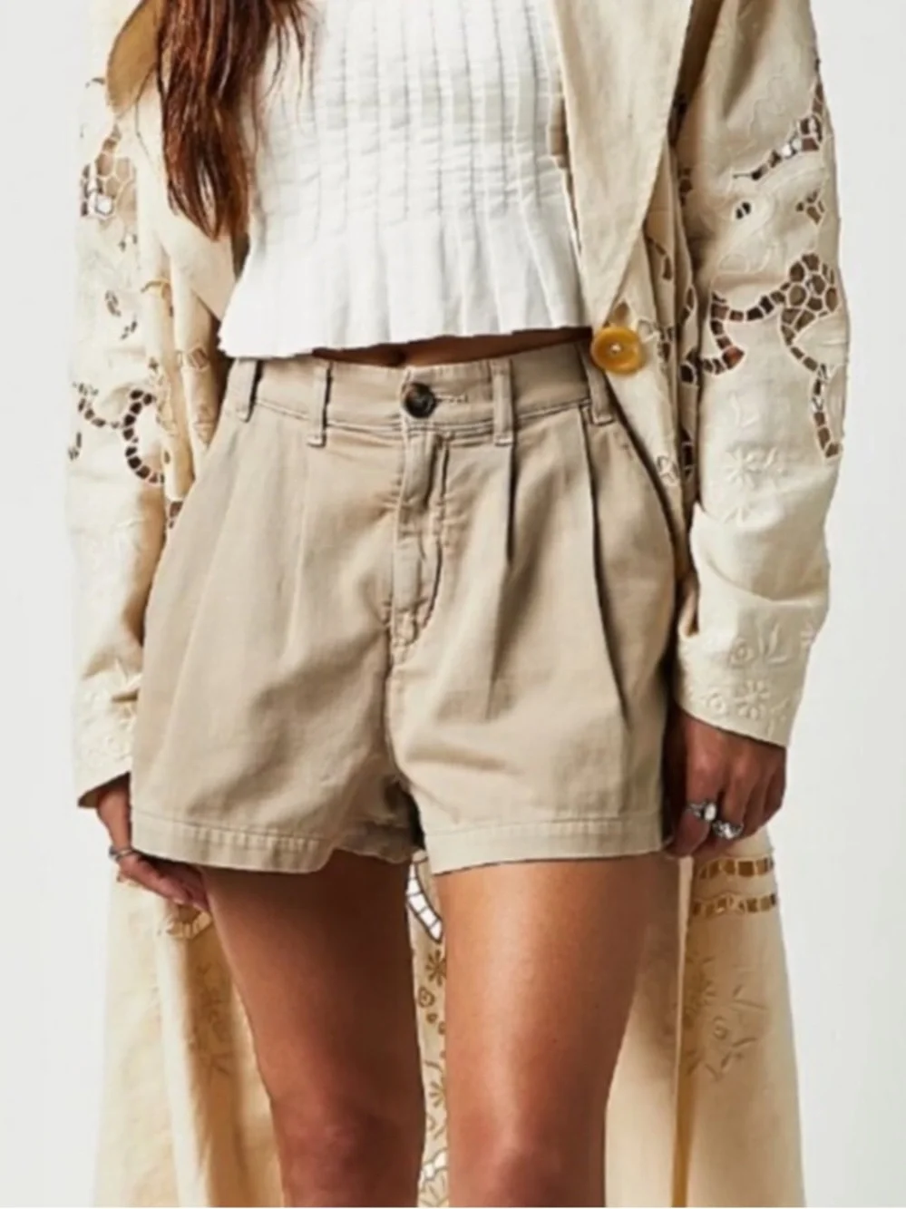 Free People Khaki Pleated High-Rise Women's Shorts 8